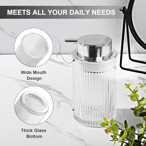 KASUNTING Foaming Soap Dispenser, 11 Fl Oz Clear Glass Foam Hand Soap Dispenser for Bathroom & Kitchen, Refillable Foaming Bottle with Sliver Pump, Modern Ribbed Dish Soap Foam Dispenser - Image 3