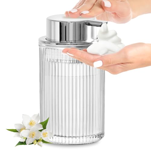 KASUNTING Foaming Soap Dispenser, 11 Fl Oz Clear Glass Foam Hand Soap Dispenser for Bathroom & Kitchen, Refillable Foaming Bottle with Sliver Pump, Modern Ribbed Dish Soap Foam Dispenser - Image 1