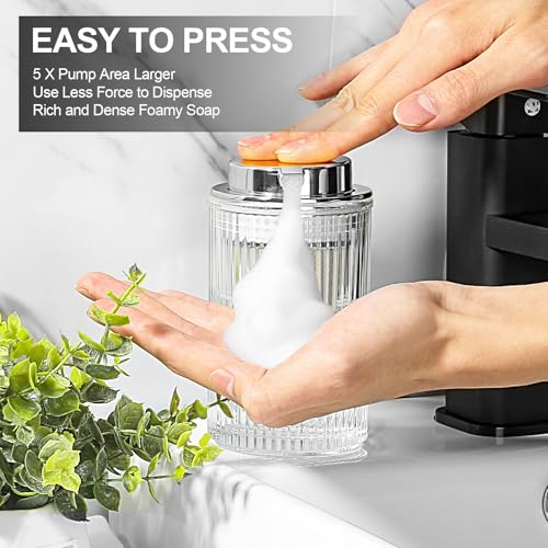 KASUNTING Foaming Soap Dispenser, 11 Fl Oz Clear Glass Foam Hand Soap Dispenser for Bathroom & Kitchen, Refillable Foaming Bottle with Sliver Pump, Modern Ribbed Dish Soap Foam Dispenser - Image 4