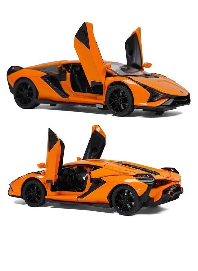 داي كاست 1:32 متوافقة مع لعبة سيارة لامبورجيني سيان النموذجية، سيارة لعبة من سبائك الزنك قابلة للسحب للخلف مع صوت وإضاءة للأطفال والكبار (برتقالي) - Image 1