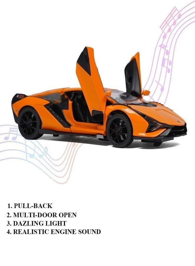 داي كاست 1:32 متوافقة مع لعبة سيارة لامبورجيني سيان النموذجية، سيارة لعبة من سبائك الزنك قابلة للسحب للخلف مع صوت وإضاءة للأطفال والكبار (برتقالي) - Image 4