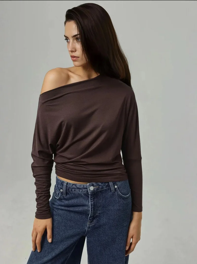 HICCUP Asymmetrical Collar Long Sleeve Elastic Knit T-Shirt