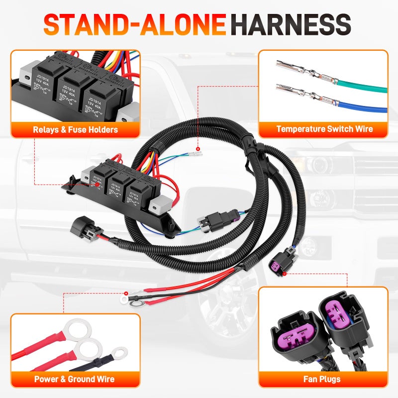 GDUKOP 674-00923 Dual Speed Electric Fan Control Wiring Harness Kit with Relay Compatible with Chevy Avalanche Silverado Suburban, Cadillac Escalade, GMC Sierra Yukon 1999-2007, Retrofit Stand Alone Fan Wire - Image 3