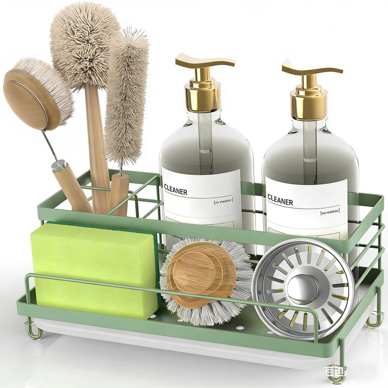 Cisily Sage Green Sponge Holder for Kitchen, Sink Caddy Sink Organizer Rack for Kitchen Accessories with Drip Tray, Rustproof and Non-slip, Soap Dispenser Countertop Organizer Essentials for New Home - Image 1