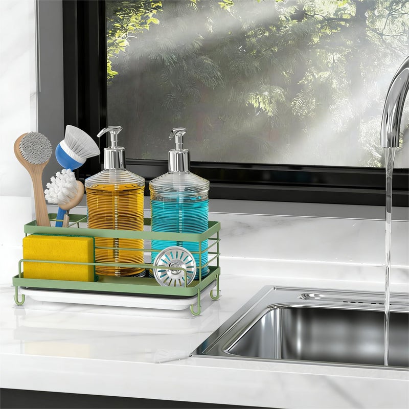 Cisily Sage Green Sponge Holder for Kitchen, Sink Caddy Sink Organizer Rack for Kitchen Accessories with Drip Tray, Rustproof and Non-slip, Soap Dispenser Countertop Organizer Essentials for New Home - Image 2