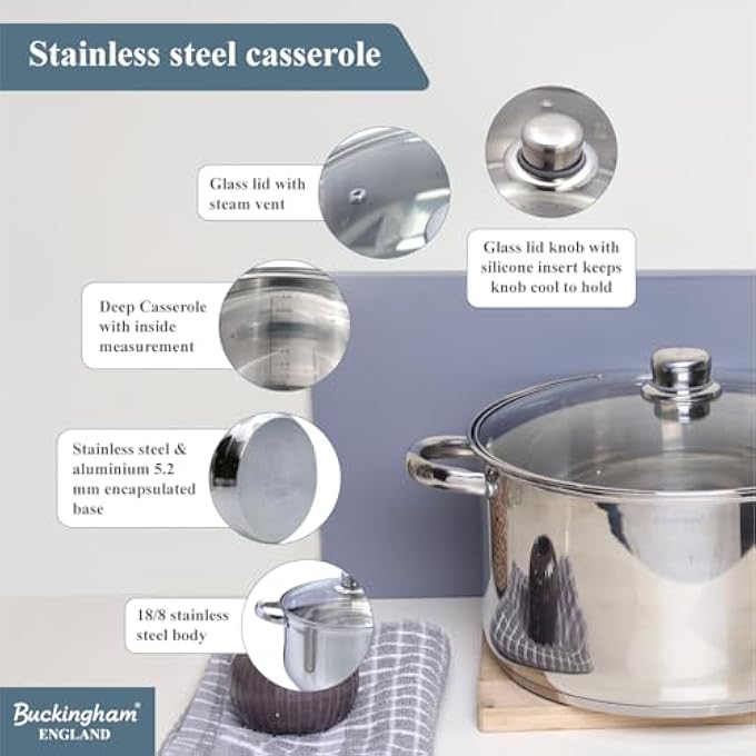 Buckingham Stainless Steel Deep Induction Casserole With Glass Lid 28 Cm 95 L 292 X 292 X 165 Cm - Image 3