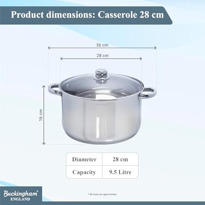 Buckingham Stainless Steel Deep Induction Casserole With Glass Lid 28 Cm 95 L 292 X 292 X 165 Cm - Image 2