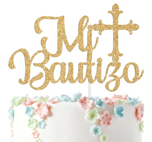 Ferburitar Spanish Mi Bautizo Cake Topper for Baby Shower Party Decor Mi Primera Comunion Babys 1st BirthdayGender RevealBaby Baptism Party Decoration Supplies Gold Glitter - Image 1