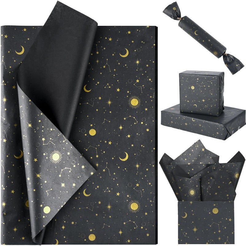 Bolsome 100 Sheets 20 14 Inches Galaxy Tissue Paper for Gift Wrapping Black Gold Moon Star Printed Tissue Paper for Gift Bags for Birthday Christmas Baby Shower DIY Craft