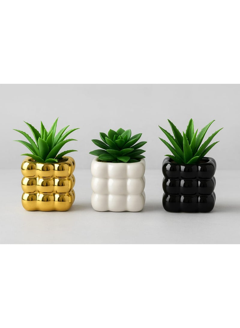 Set Of 3 Elegant Porcelain Vases (Black – White – Gold) With Green Artificial Cactus – Modern Home & Office Decor