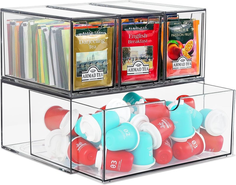 LANLISA 4 Tea and Coffee Organizer and Storage, Acrylic Tea Bag Holder Organizer, Plastic K Cup Drawer Container for Cabinet - Image 1