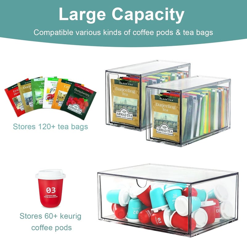 LANLISA 4 Tea and Coffee Organizer and Storage, Acrylic Tea Bag Holder Organizer, Plastic K Cup Drawer Container for Cabinet - Image 4