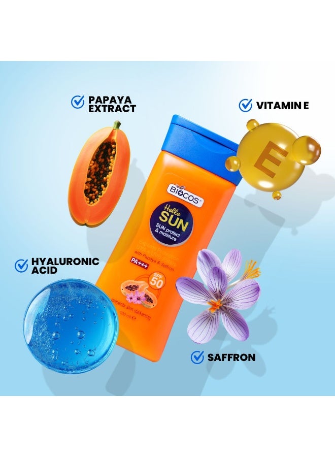بيوكوس مستحضرات التجميل لوشن واقي من الشمس مع البابايا والزعفران من BIOCOS (عبوة من 2) - SPF 50، ترطيب فائق بحمض الهيالورونيك، إشراقة طبيعية بفيتامين E، حماية واسعة النطاق، مقاوم للماء، 100 مل - مناسب لجميع أنواع البشرة - Image 4