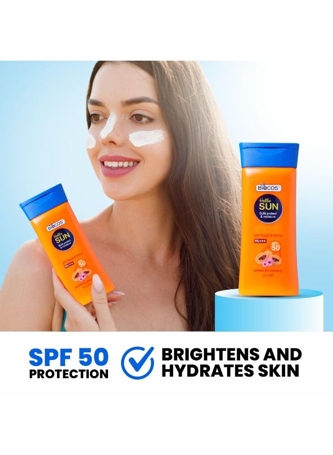 بيوكوس مستحضرات التجميل لوشن واقي من الشمس مع البابايا والزعفران من BIOCOS (عبوة من 2) - SPF 50، ترطيب فائق بحمض الهيالورونيك، إشراقة طبيعية بفيتامين E، حماية واسعة النطاق، مقاوم للماء، 100 مل - مناسب لجميع أنواع البشرة - Image 2