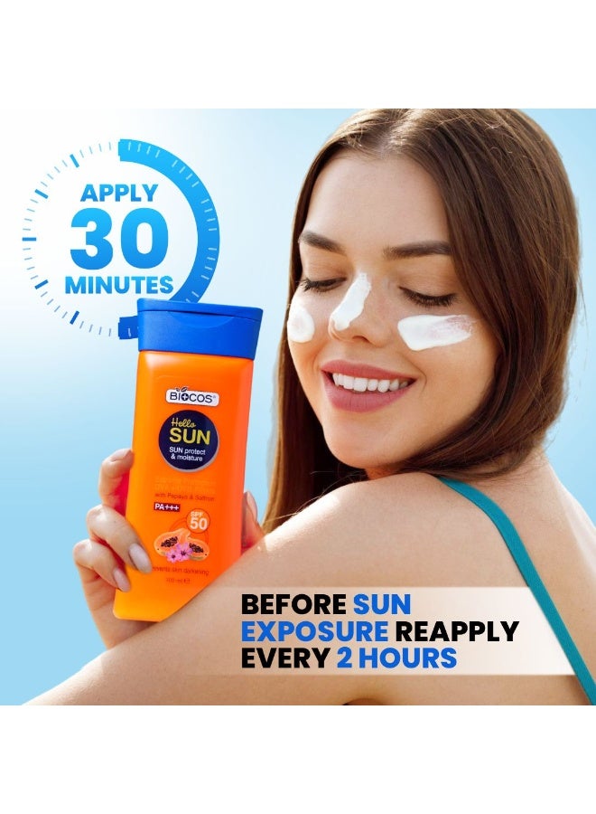 بيوكوس مستحضرات التجميل لوشن واقي من الشمس مع البابايا والزعفران من BIOCOS (عبوة من 2) - SPF 50، ترطيب فائق بحمض الهيالورونيك، إشراقة طبيعية بفيتامين E، حماية واسعة النطاق، مقاوم للماء، 100 مل - مناسب لجميع أنواع البشرة - Image 5
