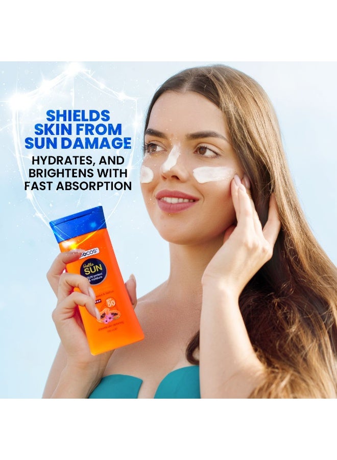 بيوكوس مستحضرات التجميل لوشن واقي من الشمس مع البابايا والزعفران من BIOCOS (عبوة من 2) - SPF 50، ترطيب فائق بحمض الهيالورونيك، إشراقة طبيعية بفيتامين E، حماية واسعة النطاق، مقاوم للماء، 100 مل - مناسب لجميع أنواع البشرة - Image 3
