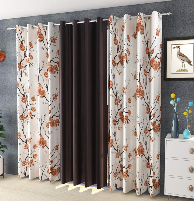 Bruxism Bruxism Polyester Polyester Blend Floral Curtain with 8 Steel Rings 4x7Feet Brown Set of 3 - Image 1
