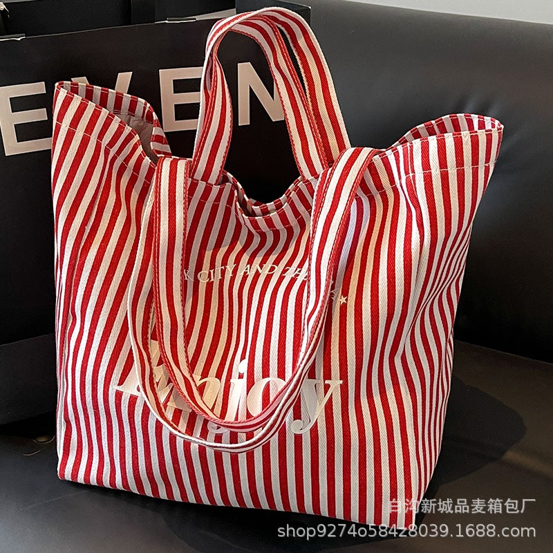 Casual Explosions Striped Canvas Bag Women'S Large Capacity Super Fire Tote Bag Fashionable Shoulder Commuter Bag - Image 3