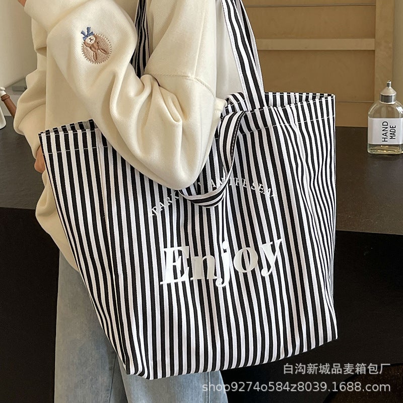 Casual Explosions Striped Canvas Bag Women'S Large Capacity Super Fire Tote Bag Fashionable Shoulder Commuter Bag - Image 4