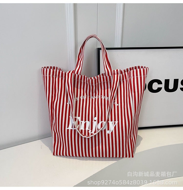 Casual Explosions Striped Canvas Bag Women'S Large Capacity Super Fire Tote Bag Fashionable Shoulder Commuter Bag - Image 1