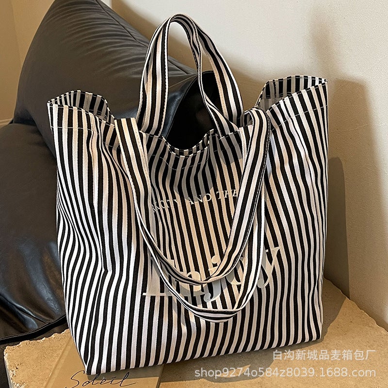Casual Explosions Striped Canvas Bag Women'S Large Capacity Super Fire Tote Bag Fashionable Shoulder Commuter Bag - Image 5