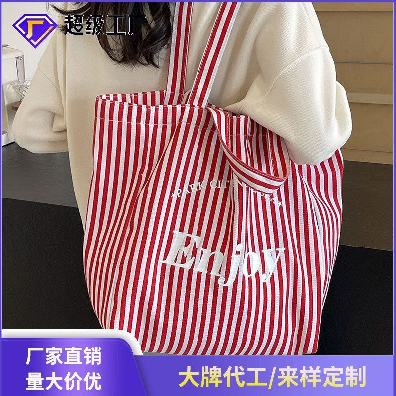 Casual Explosions Striped Canvas Bag Women'S Large Capacity Super Fire Tote Bag Fashionable Shoulder Commuter Bag - Image 2