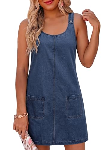Dokotoo Denim Dress Womens Casual Sleeveless Crewneck Western Jean Dress Cowgirl Outfits Country Plus Size Summer Outfits Denim Overalls for Women Babydoll Mini Shift Jumper Dresses Navy Blue L - Image 1
