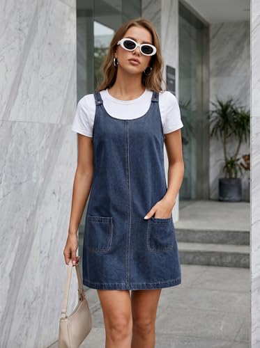 Dokotoo Denim Dress Womens Casual Sleeveless Crewneck Western Jean Dress Cowgirl Outfits Country Plus Size Summer Outfits Denim Overalls for Women Babydoll Mini Shift Jumper Dresses Navy Blue L - Image 2