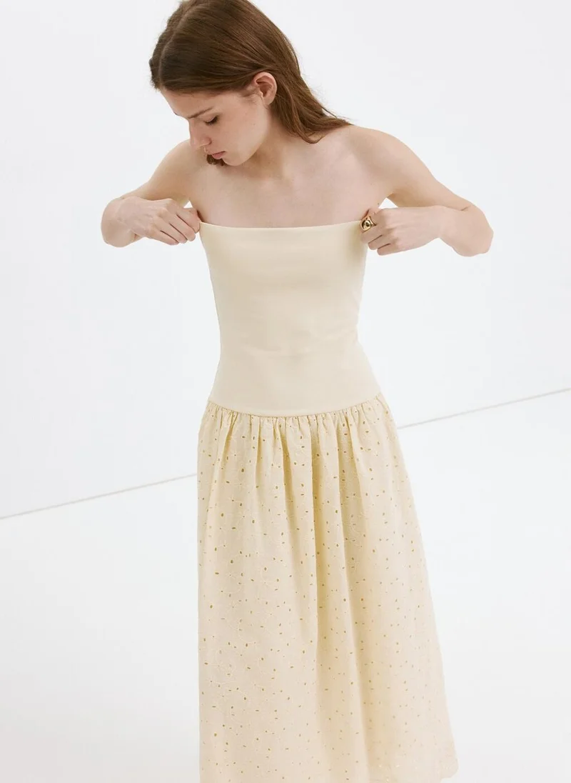 Mango cream Strapless Dress With Openwork Embroidery for Women | Best Price UAE