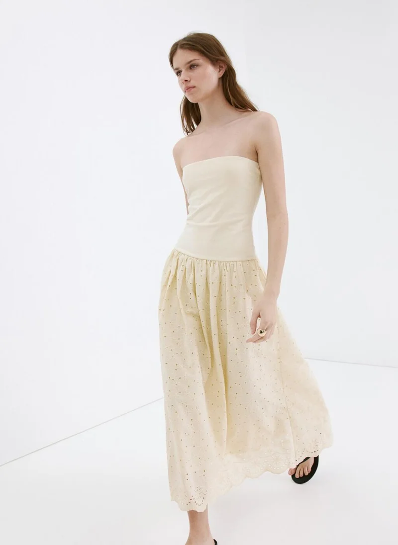 Mango cream Strapless Dress With Openwork Embroidery for Women | Best Price UAE