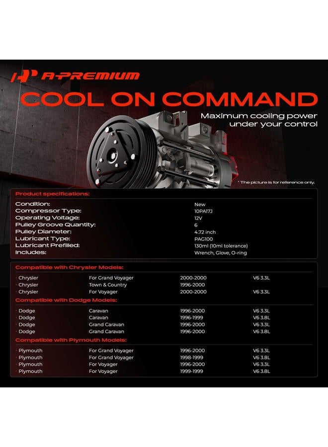 A-Premium A/C AC Compressor with Clutch Compatible with Dodge Caravan/Grand Caravan Chrysler Town & Country Plymouth Voyager/Grand Voyager 3.3L 3.8L - Image 2