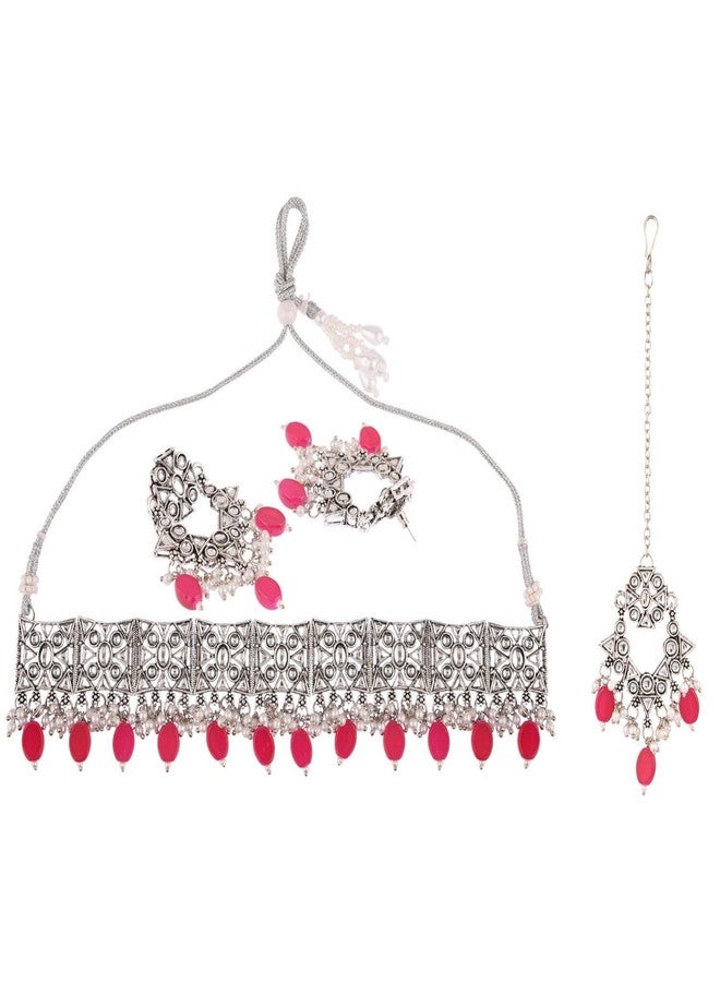 Efulgenz Indian Ethnic Jewelry Gold Tone Faux Pearl Kundan Crystal Floral Choker Necklace Earrings with Maang Tikka Jewellery Set For Women Bollywood Fashion Wedding Bridal Set, Copper, not known - Image 5
