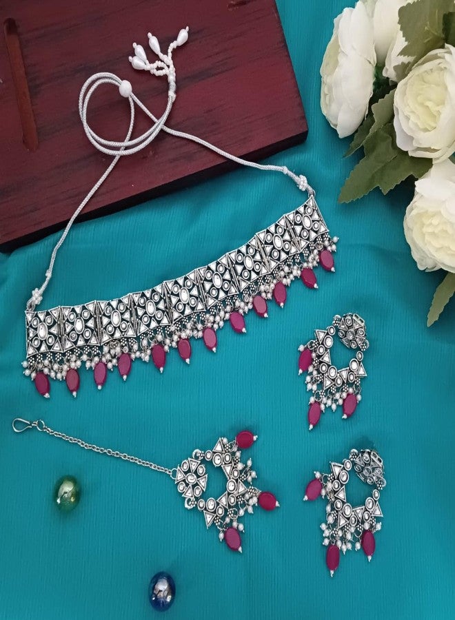 Efulgenz Indian Ethnic Jewelry Gold Tone Faux Pearl Kundan Crystal Floral Choker Necklace Earrings with Maang Tikka Jewellery Set For Women Bollywood Fashion Wedding Bridal Set, Copper, not known - Image 2