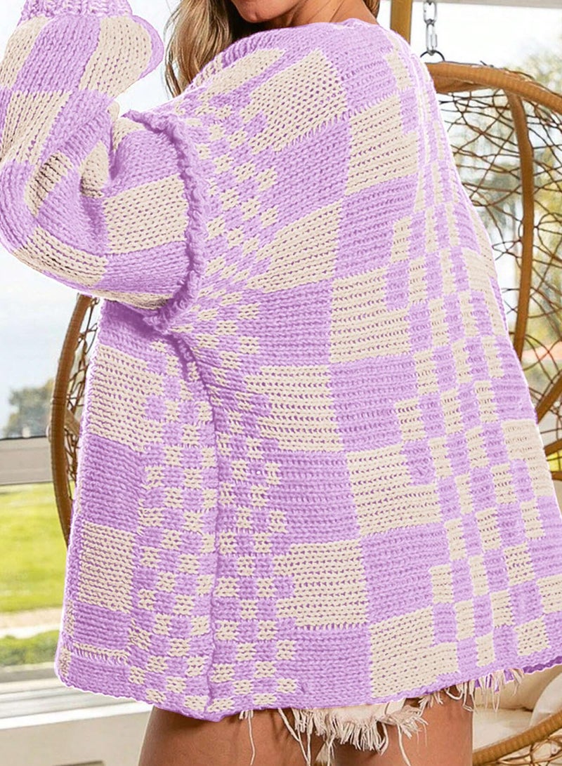 SELINK Women's Cardigan Sweater Vintage Purple Beige Open Front Mixed Checkered Pattern Chunky Knit Plaid Long Sleeve Daily Outwear L - Image 5