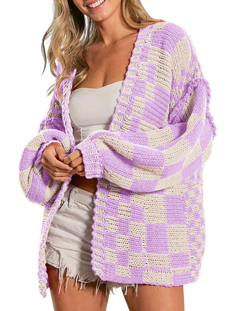 SELINK Women's Cardigan Sweater Vintage Purple Beige Open Front Mixed Checkered Pattern Chunky Knit Plaid Long Sleeve Daily Outwear L - Image 1
