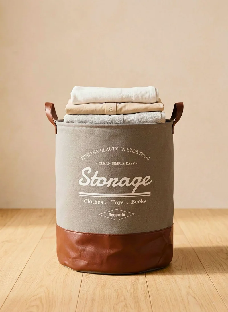 1Chase Grey/Brown Foldable Round Laundry Basket 60L with Leather Base – Fabric Storage Hamper with Handles (Grey/Brown)  | Best Price UAE