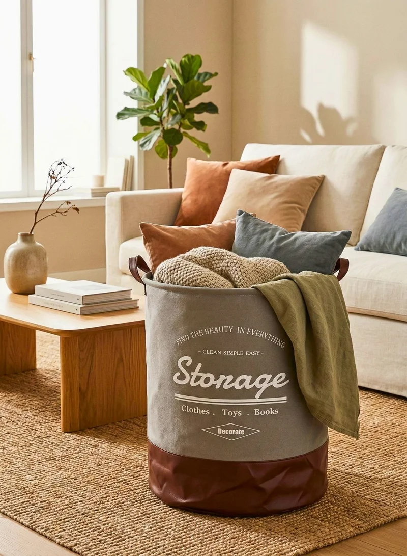 1Chase Grey/Brown Foldable Round Laundry Basket 60L with Leather Base – Fabric Storage Hamper with Handles (Grey/Brown)  | Best Price UAE