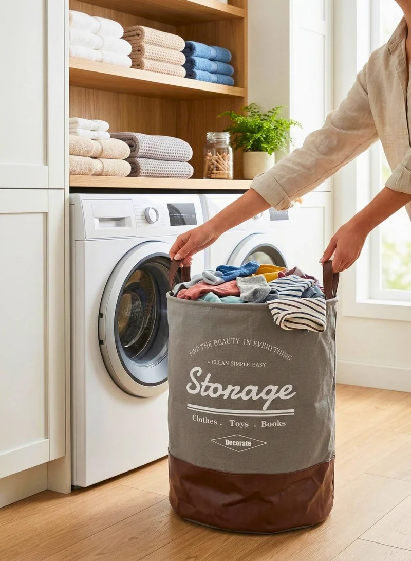 1Chase Grey/Brown Foldable Round Laundry Basket 60L with Leather Base – Fabric Storage Hamper with Handles (Grey/Brown)  | Best Price UAE