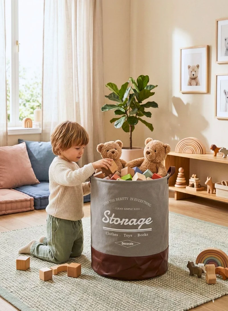 1Chase Grey/Brown Foldable Round Laundry Basket 60L with Leather Base – Fabric Storage Hamper with Handles (Grey/Brown)  | Best Price UAE