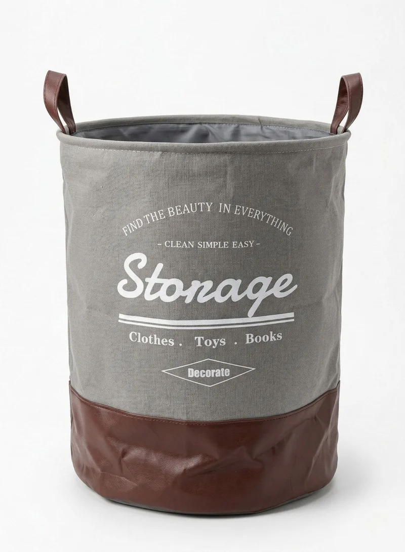 1 تشيس سلة غسيل دائرية قابلة للطي سعة 60 لتر بقاعدة جلدية - سلة تخزين قماشية بمقابض (رمادي/بني)
