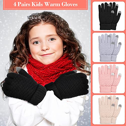 Coume 4 Pairs Kids Winter Touchscreen Gloves Warm Fleece Lined Child Knit Gloves Elastic Cuff Winter Texting for Girls Boys(Black, Gray, Pink, Nude) - Image 5