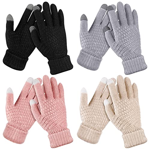 Coume 4 Pairs Kids Winter Touchscreen Gloves Warm Fleece Lined Child Knit Gloves Elastic Cuff Winter Texting for Girls Boys(Black, Gray, Pink, Nude) - Image 1