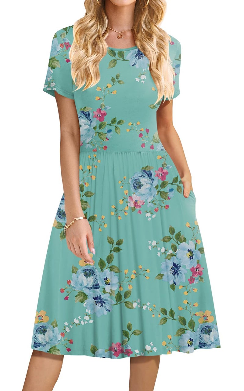 DB MOON Women Summer Casual Short Sleeve Dresses Empire Waist Dress with Pockets (Green Floral, L) - Image 1