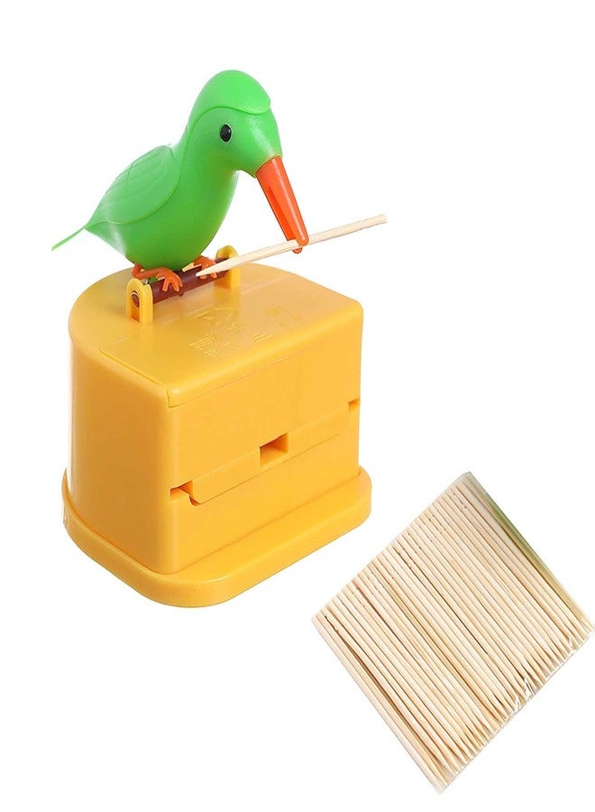Fayby Bird Toothpick Dispenser | Plastic Creative Bird Design Press Type Automatic Toothpick Holder Stand (Yellow & Green) - Image 1