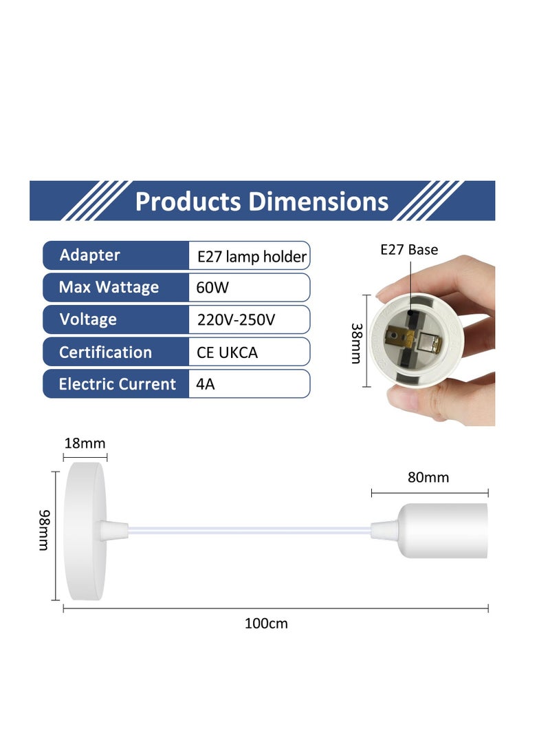 SYOSI Ceiling Pendant & Lamp Holder, Metal Pendant Light Fitting, E27 Lamp Holder, Fitting Set with Braided Fabric Cable (White 2pcs) - Image 2