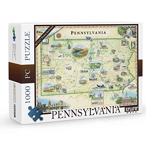 Xplorer Maps Pennsylvania State Map Cardboard Jigsaw Puzzle 1000 Pieces HandIllustrated Educational Family Activity Ages 8 Includes Poster 254 x 198 - Image 1