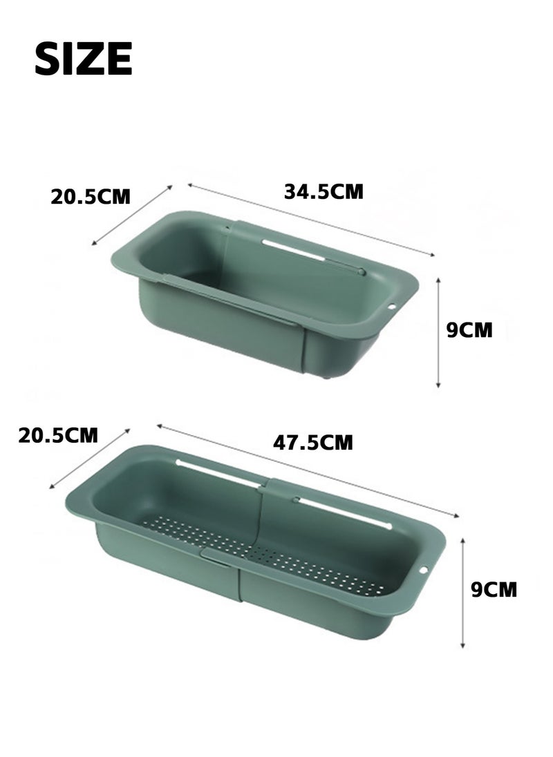 Teuuea - 2 Pieces Adjustable Large Dish Drying Rack, Extendable Kitchen Sink Drain Basket Drainer Strainer, Stackable Retractable Over the Sink Colander Organizer, for Vegetable Fruit (Green and Gray) - Image 1