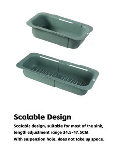 Teuuea 2 Pieces Adjustable Large Dish Drying Rack, Extendable Kitchen Sink Drain Basket Drainer Strainer, Stackable Retractable Over the Sink Colander Organizer, for Vegetable Fruit (Green and Gray)  - Image 5