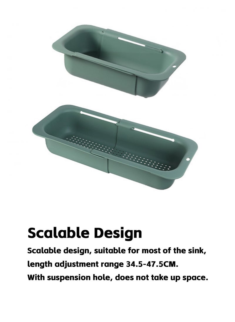Teuuea 2 Pieces Adjustable Large Dish Drying Rack, Extendable Kitchen Sink Drain Basket Drainer Strainer, Stackable Retractable Over the Sink Colander Organizer, for Vegetable Fruit (Green and Gray)  - Image 5