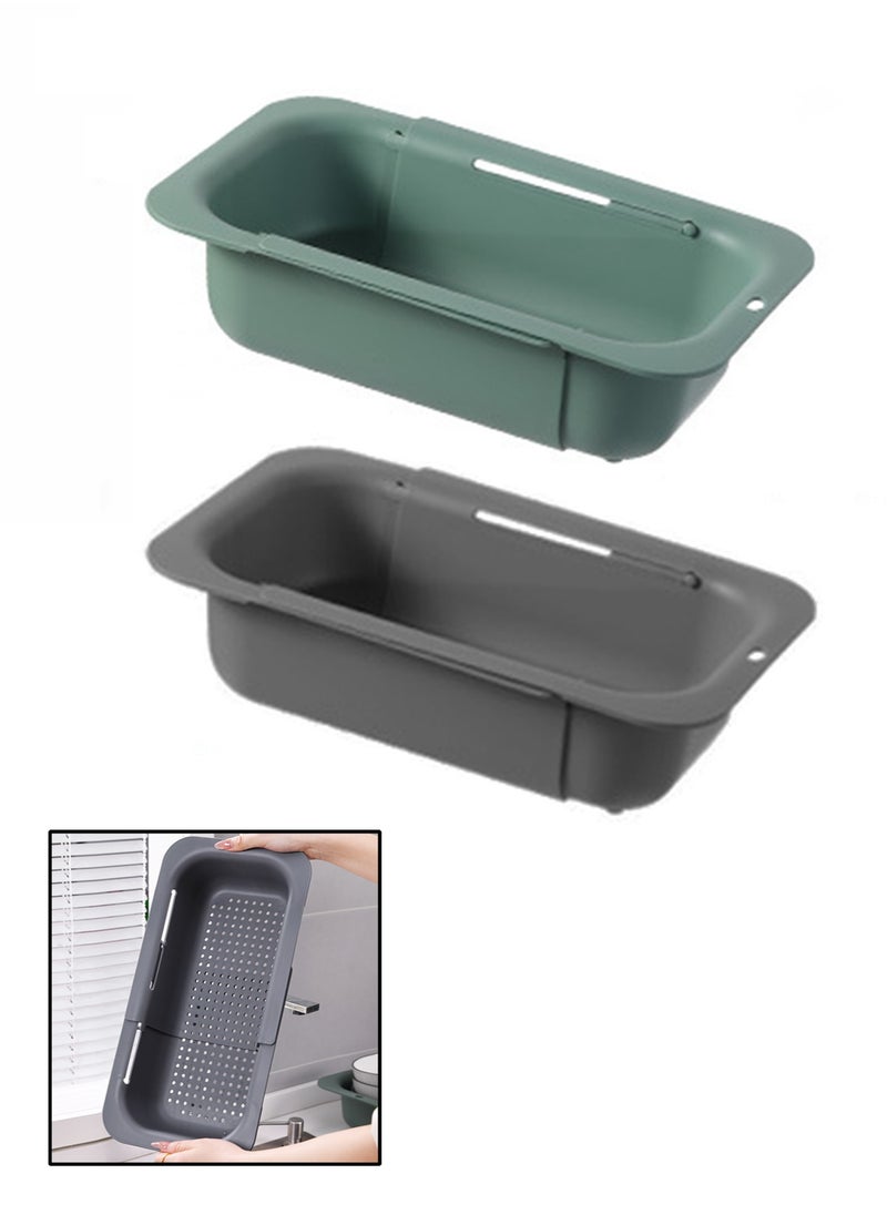 Teuuea 2 Pieces Adjustable Large Dish Drying Rack, Extendable Kitchen Sink Drain Basket Drainer Strainer, Stackable Retractable Over the Sink Colander Organizer, for Vegetable Fruit (Green and Gray)  - Image 1
